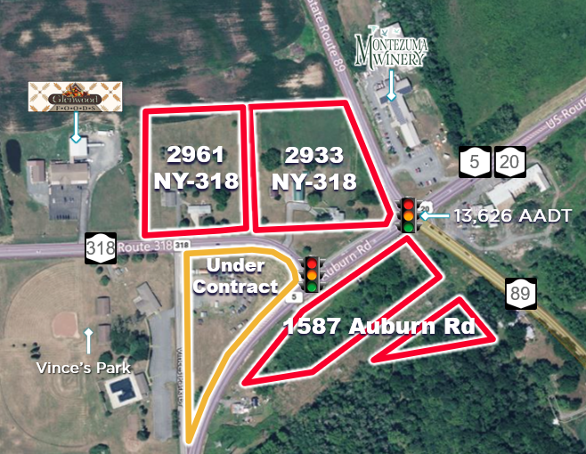 Prime commercial land for sale in Seneca Falls at the intersection of NY-318, NY-89, NY-5, and NY-20 in Seneca Falls, NY.